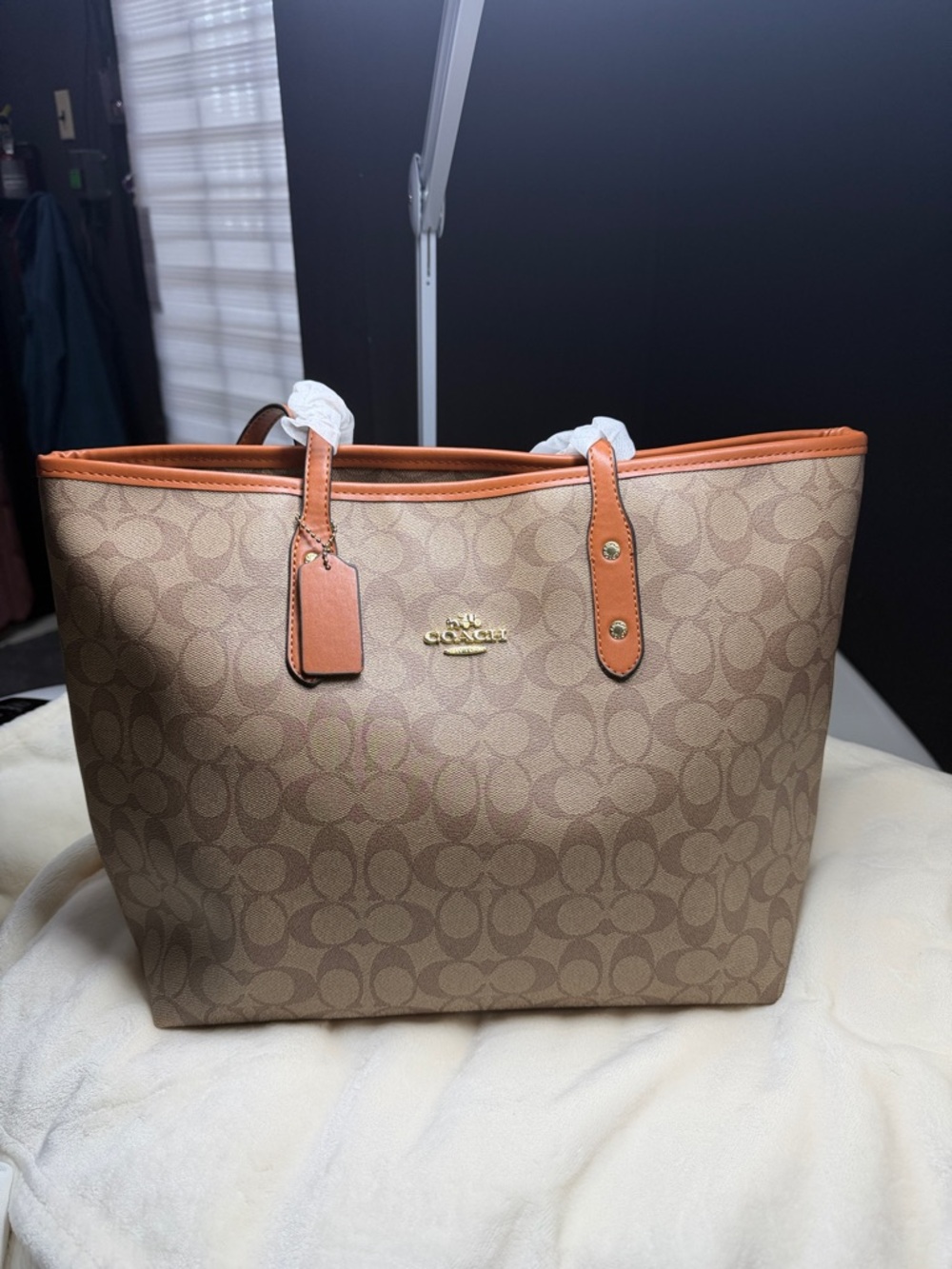 Coach Beige Signature Canvas Tote with Saddle Trim